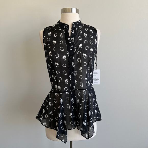 W by Worth Button Up Peplum Flare Hem Hankercheif Blouse Black White Dot 0 NWT - Picture 1 of 11